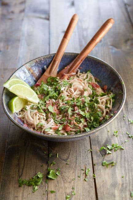 Noodles with Kale and Spicy Rhubarb Sauce