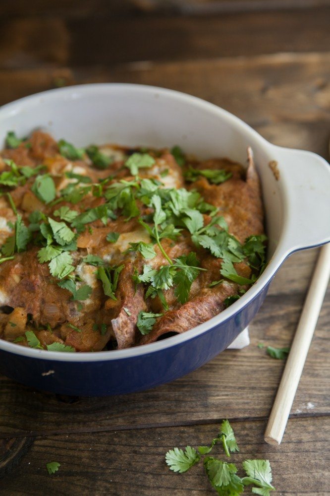 Swiss Chard and Black Bean Enchiladas with Chipotle Rhubarb Sauce