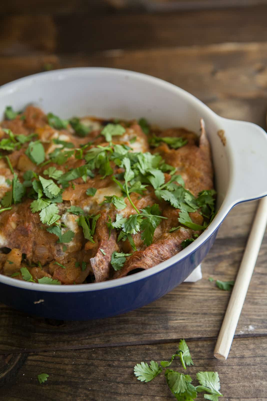 Swiss Chard and Black Bean Enchiladas with Chipotle Rhubarb Sauce