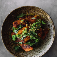 Adobo Acorn Squash, Crispy Quinoa, and Jalapeño Chimichurri