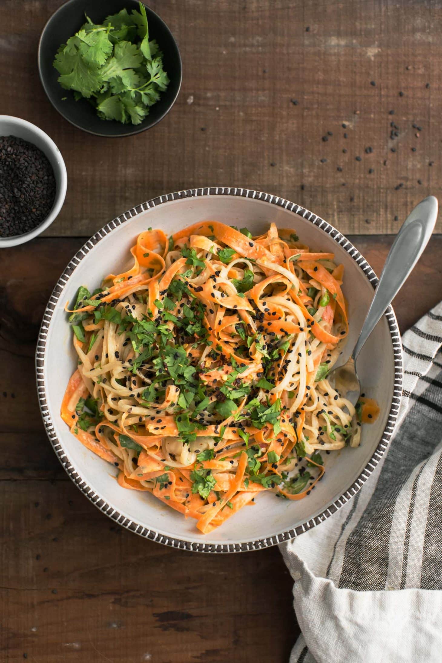 Carrot Rice Noodle Bowl with Tahini-Sriracha Sauce | @naturallyella