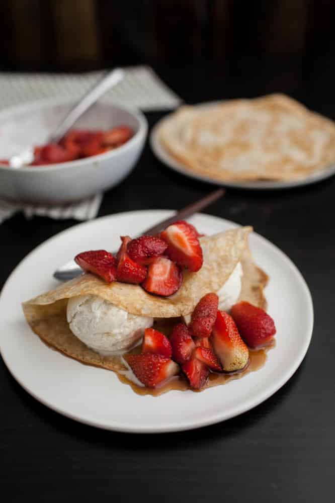 Rye Crepes with Sorghum-Bourbon Strawberries + Ice Cream
