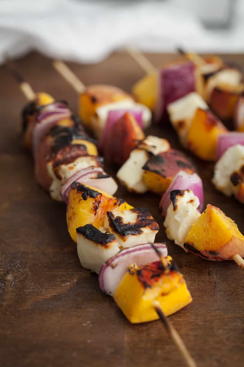 Grilled Peach and Halloumi Skewers with Basil-Jalapeno Sauce