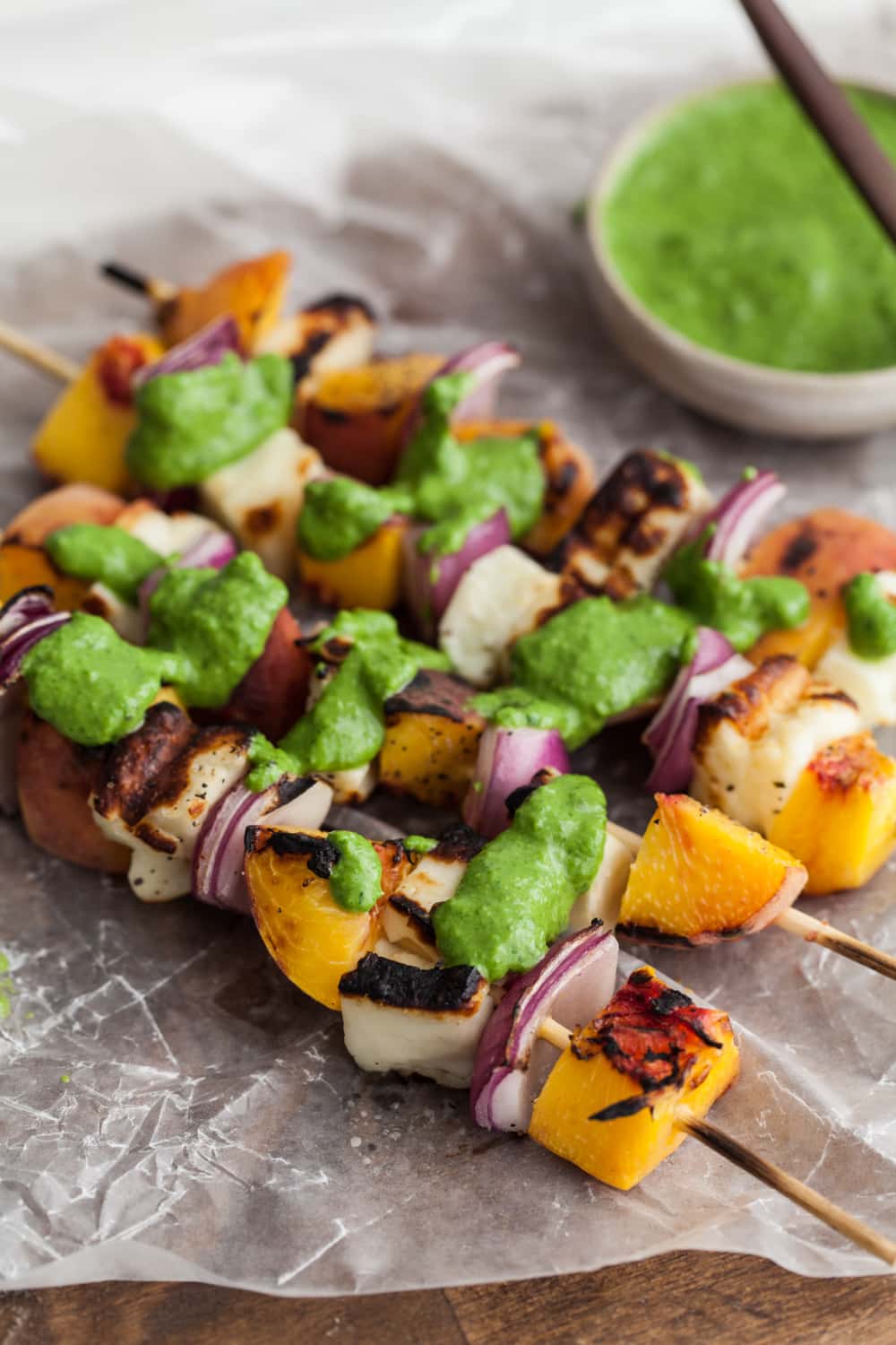Grilled Peach and Halloumi Skewers with Basil-Jalapeno Sauce