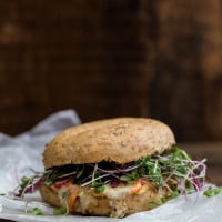 'Groovy' Bagel Melt with hummus, havarti, and vegetables