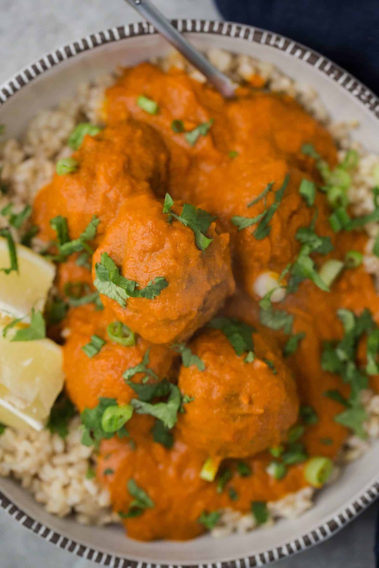 Curried Vegetarian Meatballs with Brown Rice