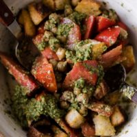 Overhead Shot of Chickpea Tomato Bread Salad with Arugula Pesto