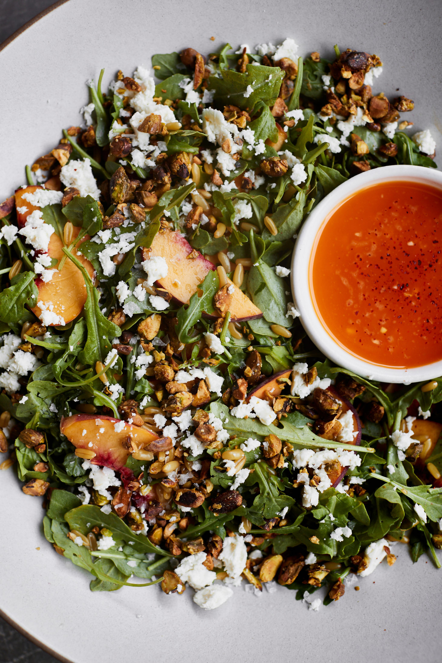 Peach Salad with Maple Pistachios and Chile Butter Dressing