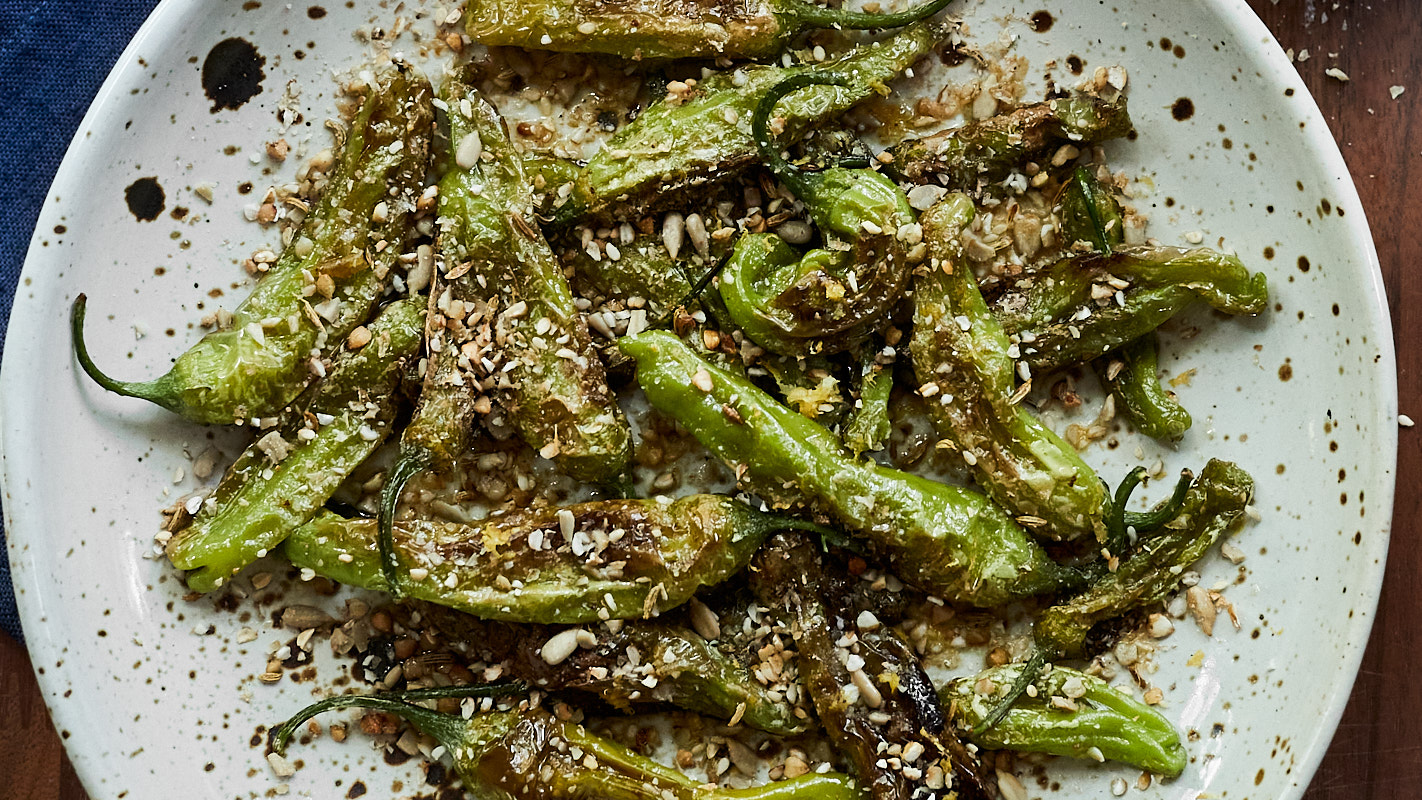 Blistered Shishito Peppers with Fennel-Buckwheat Sprinkle