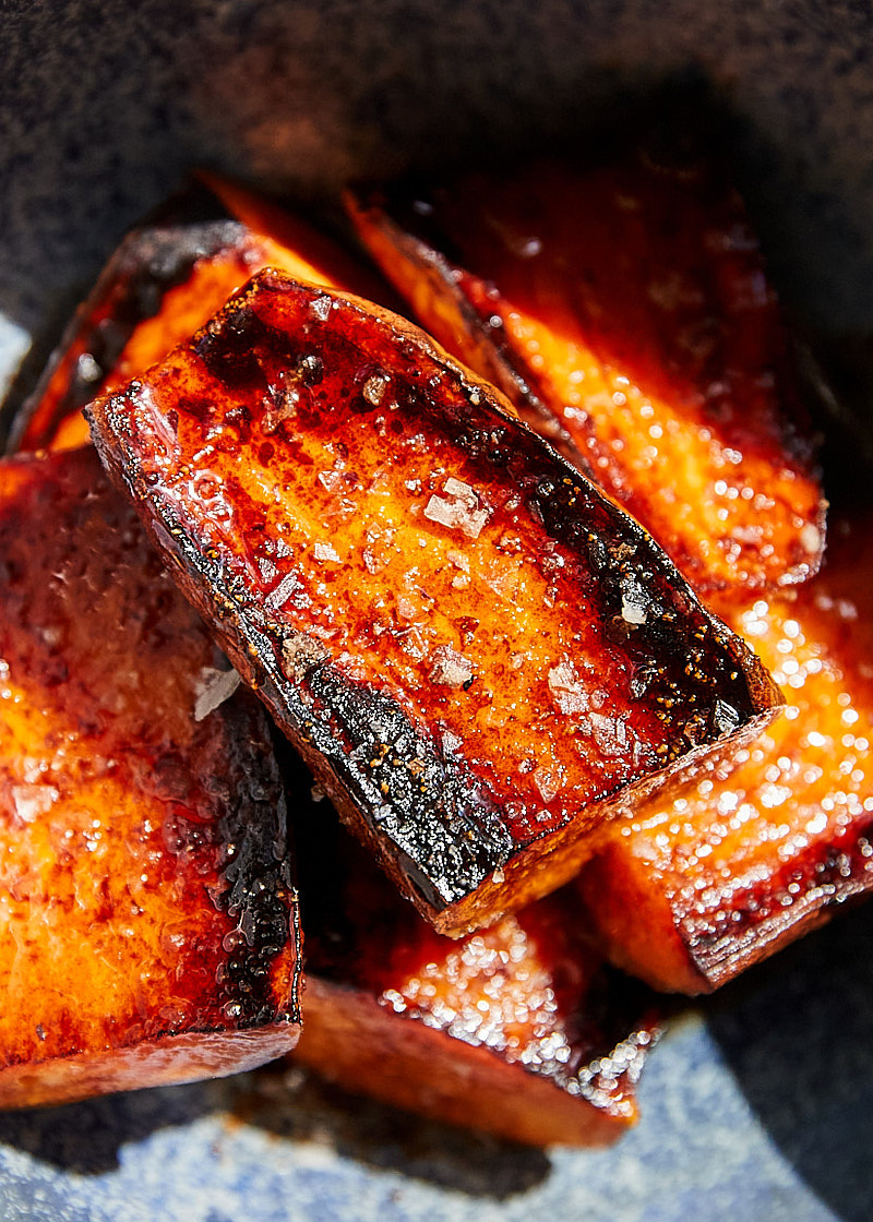 Sweet potato halves for an example of grilling vegetables.